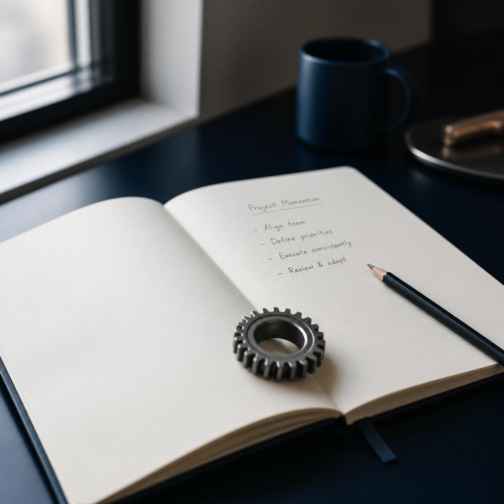 Illustration of a single workflow arrow moving through a gear